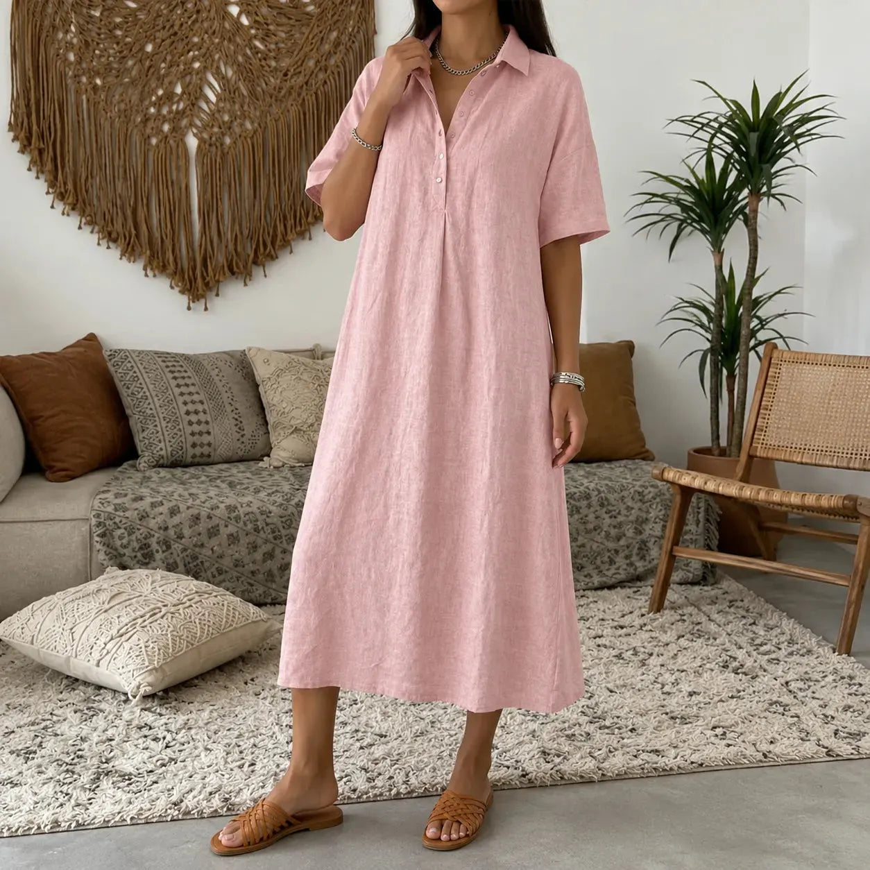 👠👗Women's Casual Cotton-Linen Short-Sleeve Polo-Collar Summer Dress