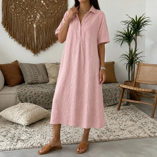👗Women's Casual Cotton-Linen Short-Sleeve Polo-Collar Summer Dress