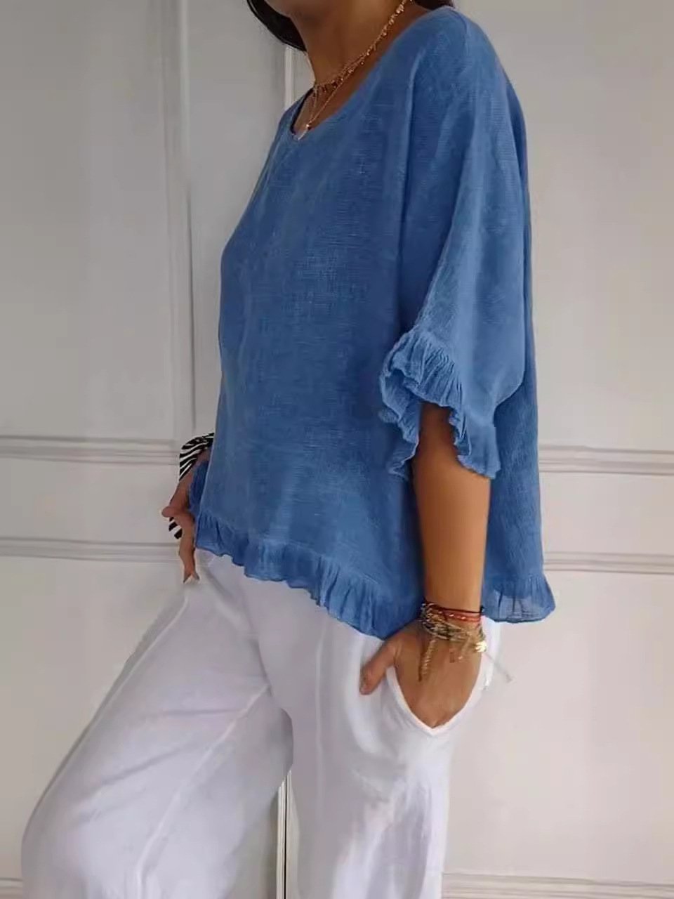 Round Neck Ruffled Hem Mid-sleeve Cotton and Linen Top (Buy 2 Free Shipping)