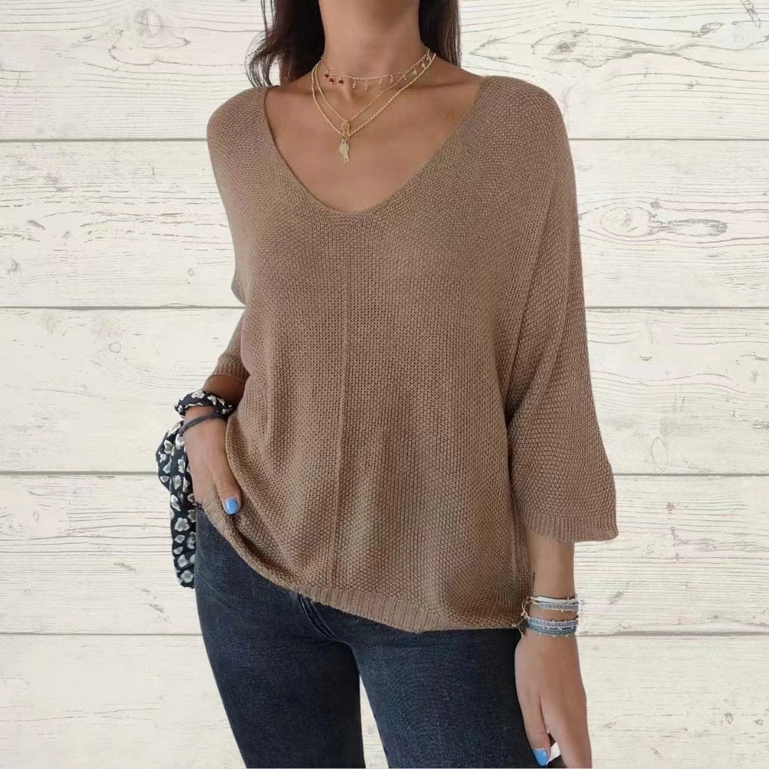 Batwing Sleeve Solid Color V-Neck Knit Top (Buy 2 Free Shipping)