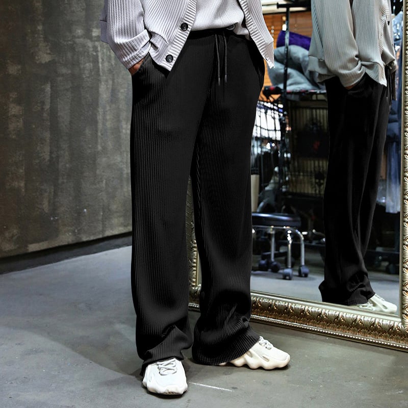 Men's Drawstring Pants Mid Waist Straight Leg Long Pants