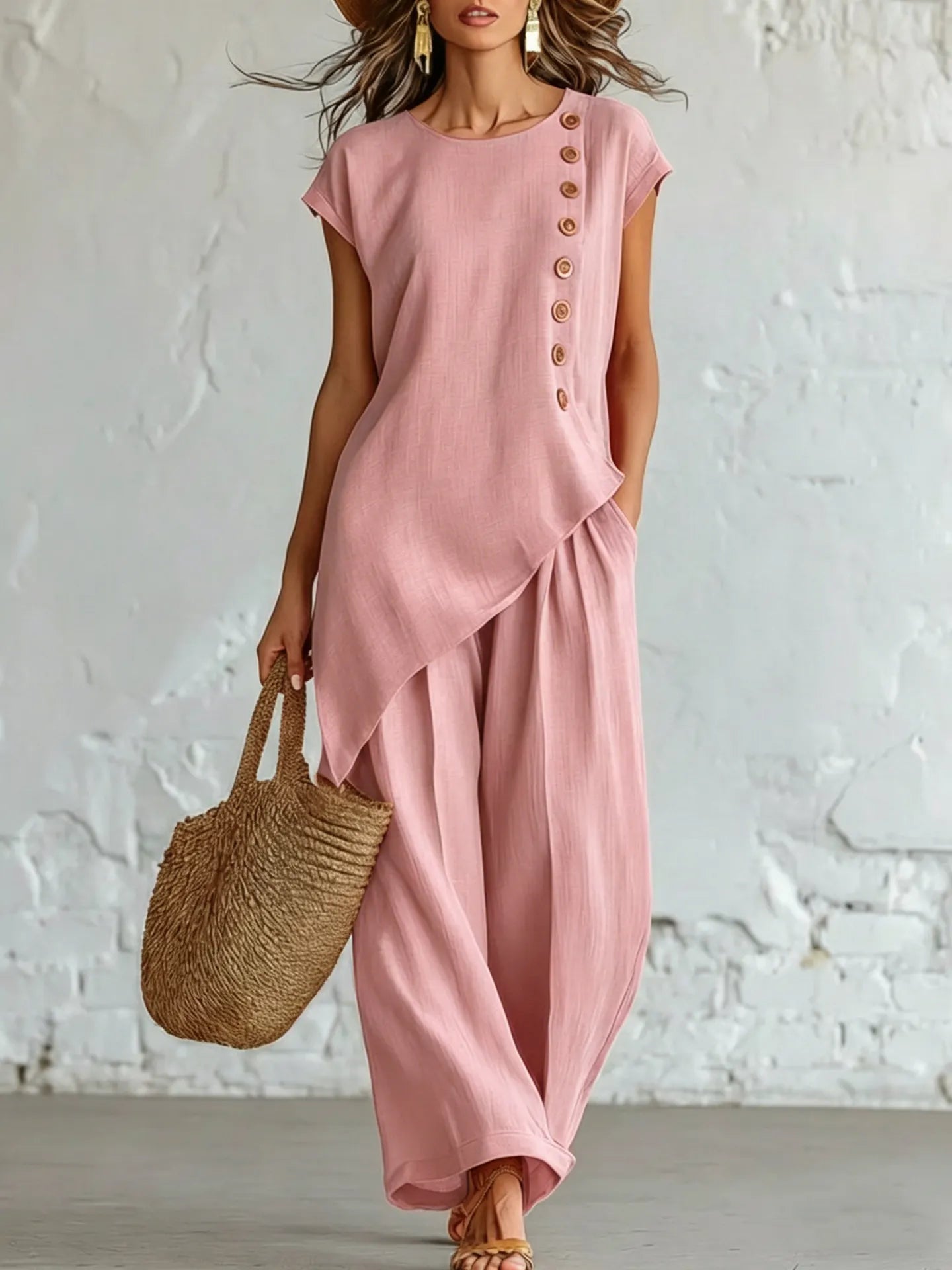 A round-neck, asymmetrical short-sleeved top and wide-leg trousers set with wooden buttons