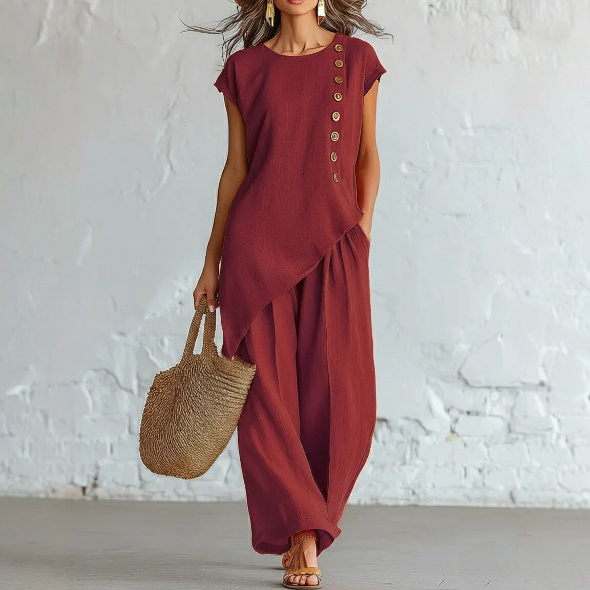 A round-neck, asymmetrical short-sleeved top and wide-leg trousers set with wooden buttons