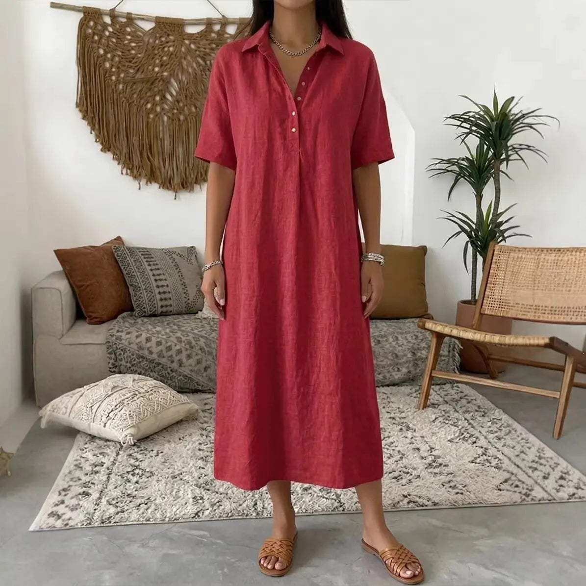 👠👗Women's Casual Cotton-Linen Short-Sleeve Polo-Collar Summer Dress