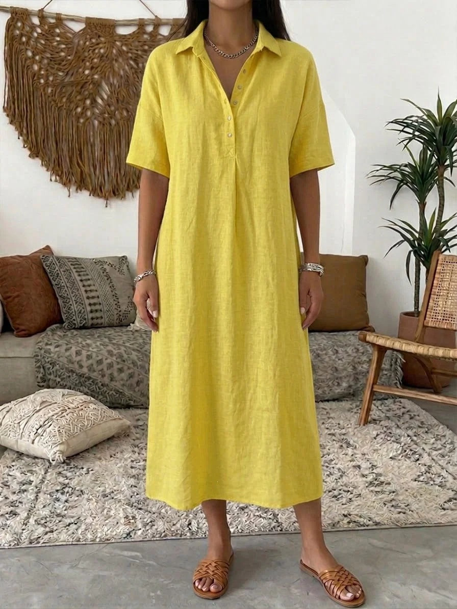 👠👗Women's Casual Cotton-Linen Short-Sleeve Polo-Collar Summer Dress