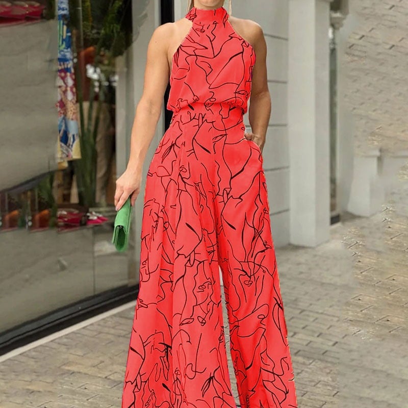 Halterneck Sleeveless Art Print Jumpsuit