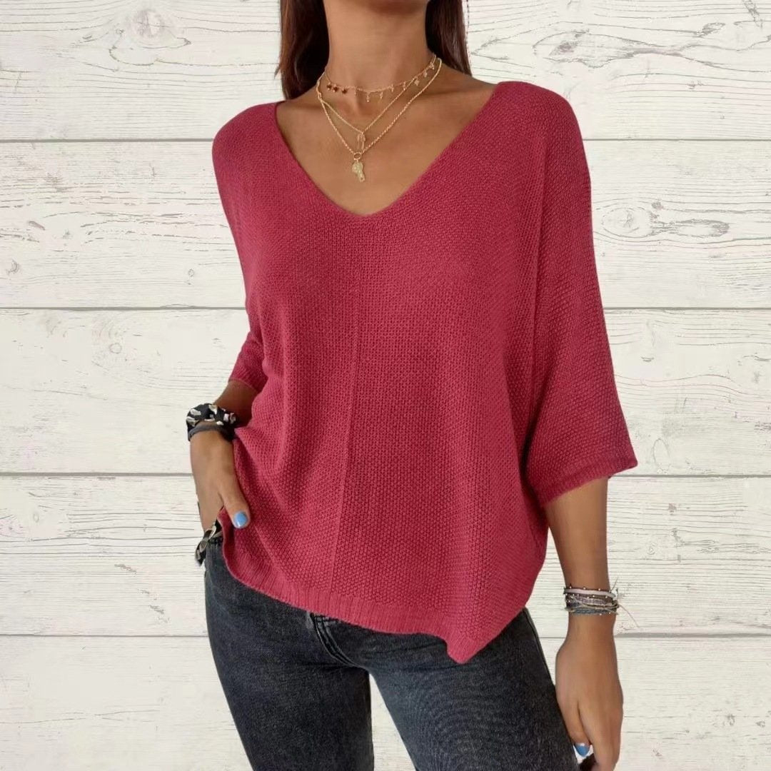 Batwing Sleeve Solid Color V-Neck Knit Top (Buy 2 Free Shipping)