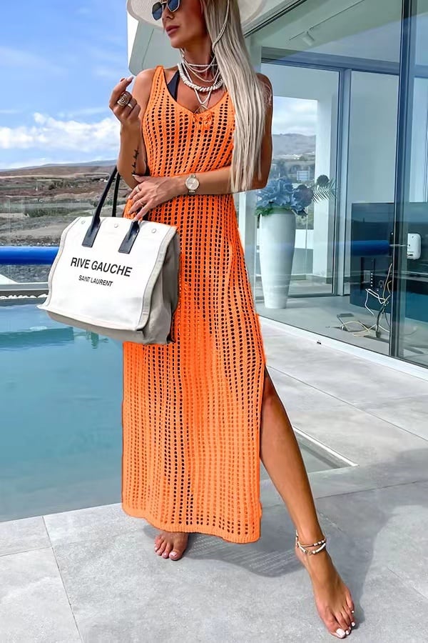 Crochet Knit Cross Back Cover-Up Maxi Dress