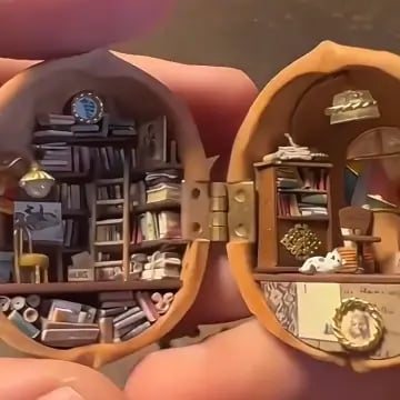 Handmade.Walnut Shell Doll House--mini library, tiny World inside walnuts