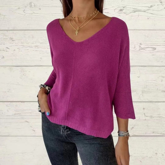 Batwing Sleeve Solid Color V-Neck Knit Top (Buy 2 Free Shipping)