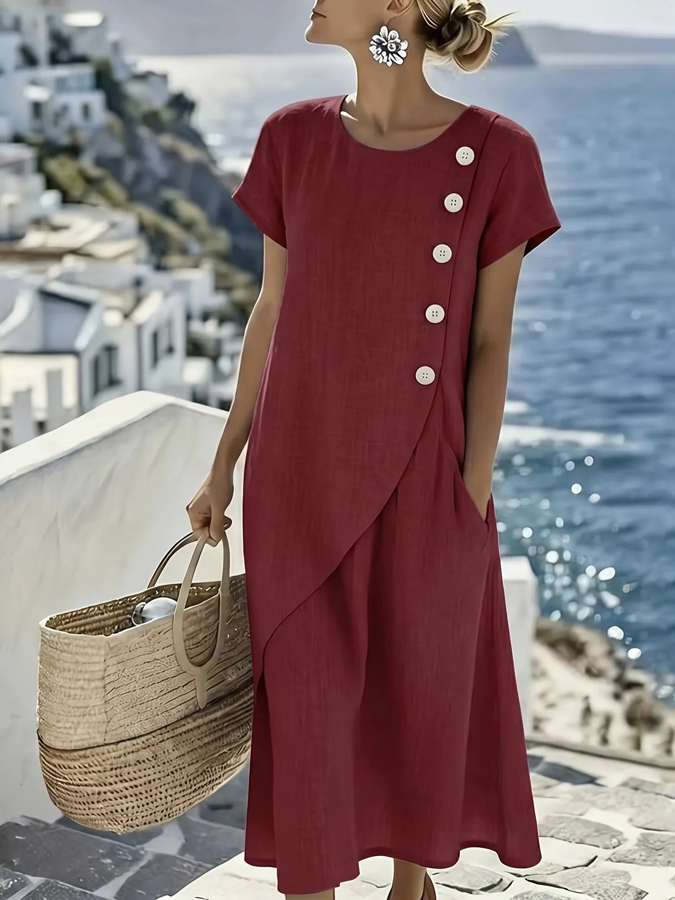 Round Neck Linen Midi Dress with Asymmetrical Buttons