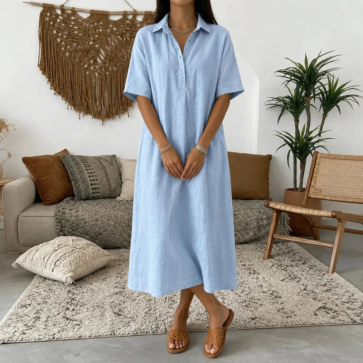 👠👗Women's Casual Cotton-Linen Short-Sleeve Polo-Collar Summer Dress
