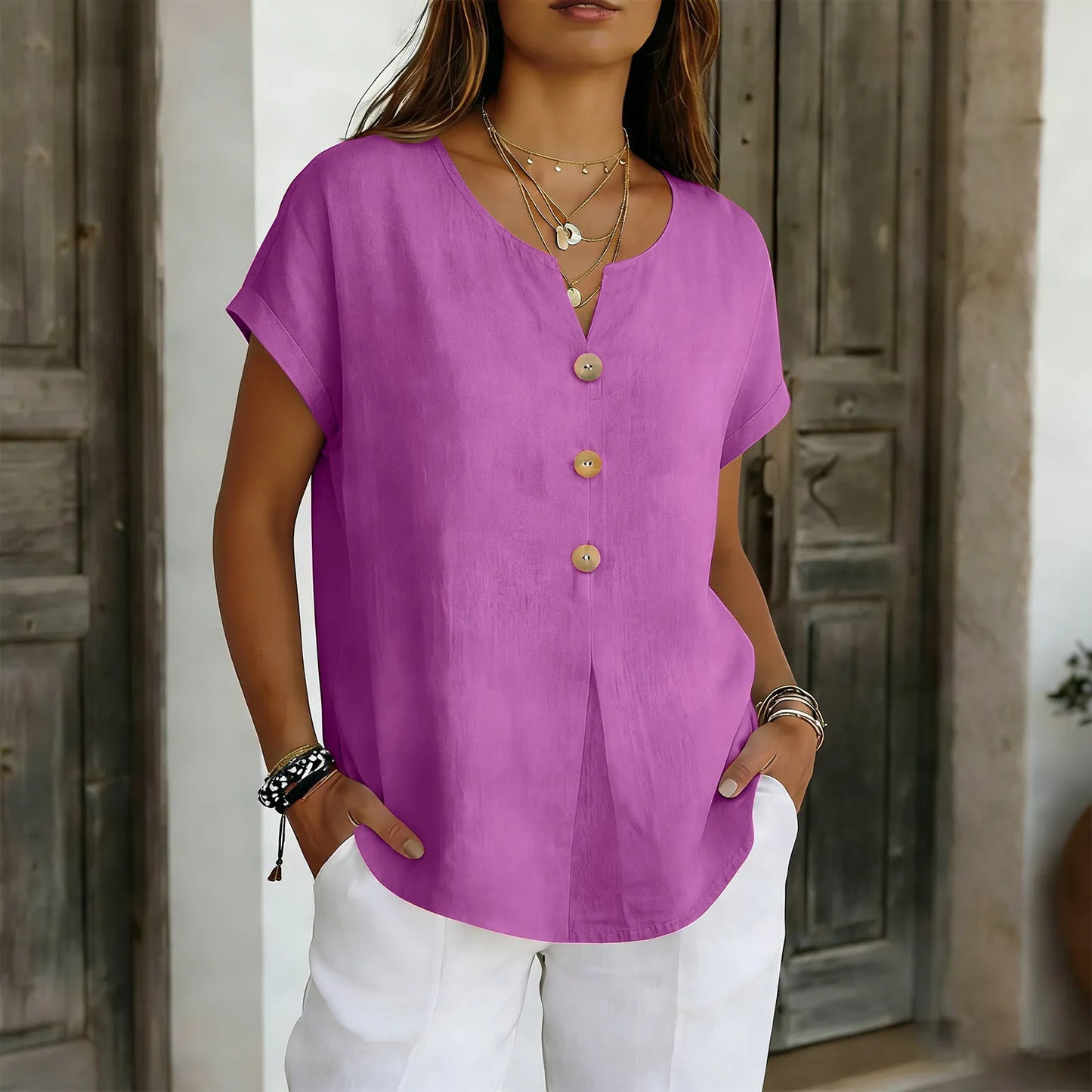 🌝Summer New Arrivals:Women's Loose V-Neck Shirt with Faux-Wood Buttons