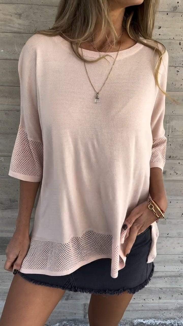 Casual Round Neck Hollow Sleeve and Hem Top (Buy 2 Free Shipping)