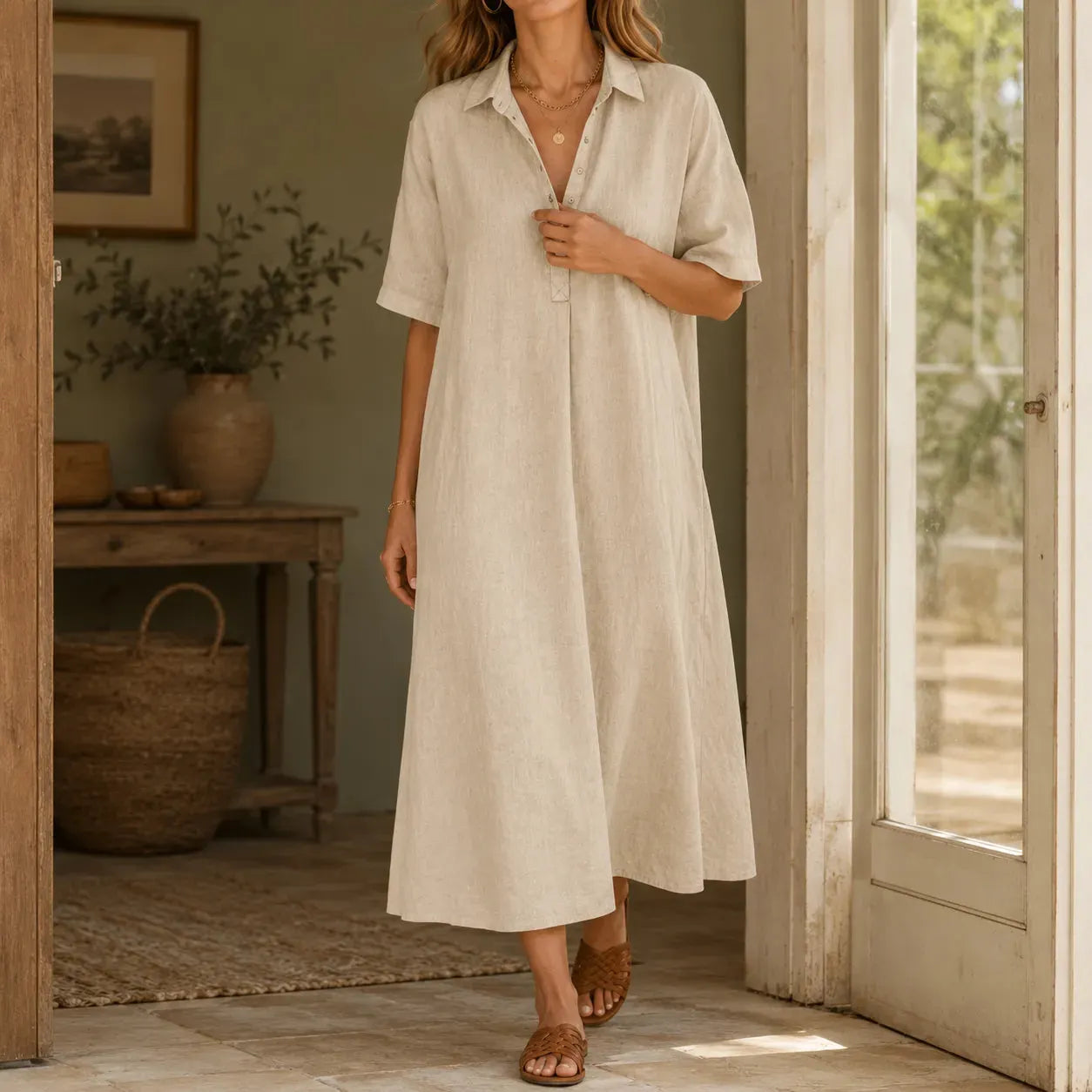 👠👗Women's Casual Cotton-Linen Short-Sleeve Polo-Collar Summer Dress