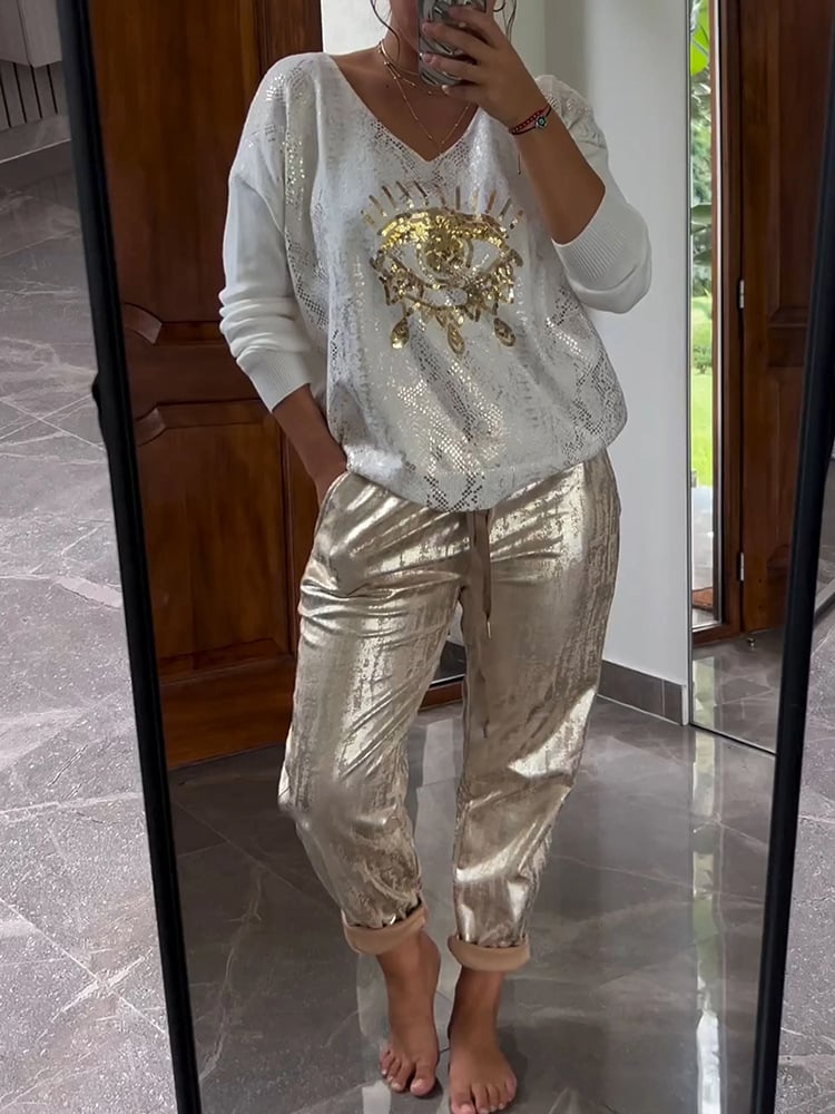 Evil Eye Gold Foil Top and Glittering Pants Set🌟Buy 2 Sets Free Shipping