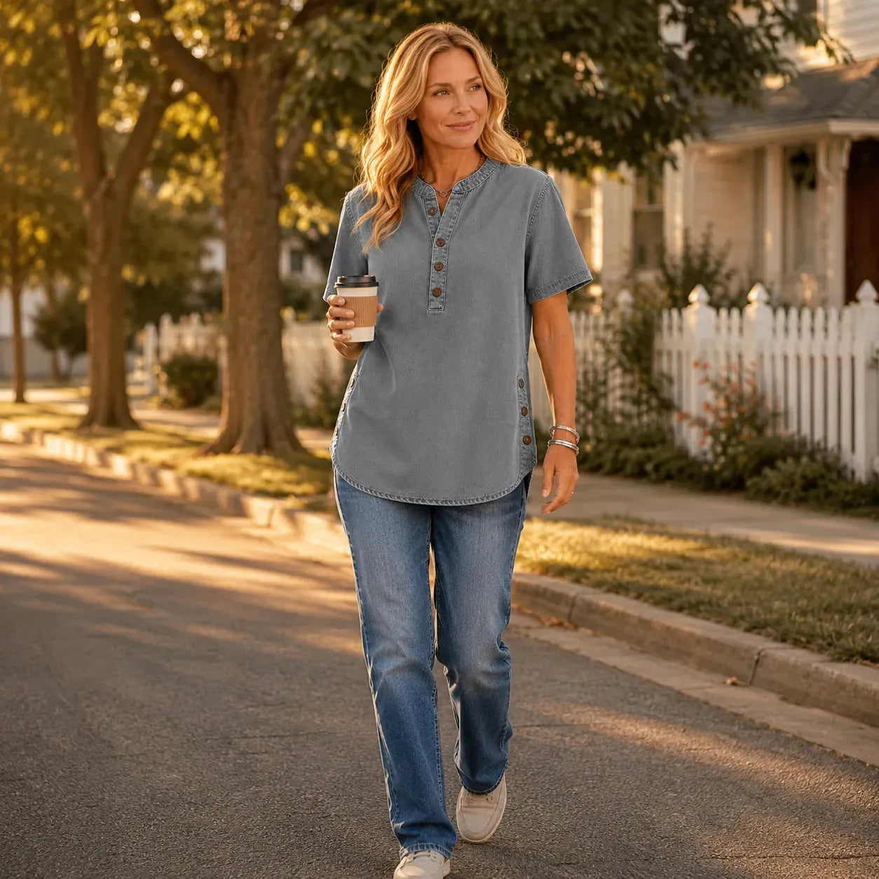 💃Hot sale 🌟Women's Long Denim Shirt – V-Neck Short-Sleeve Pullover