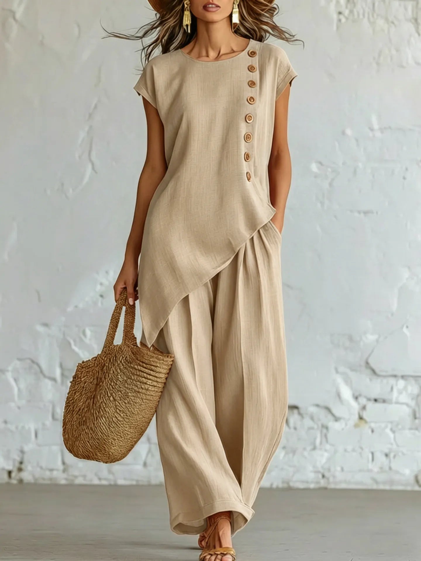 A round-neck, asymmetrical short-sleeved top and wide-leg trousers set with wooden buttons
