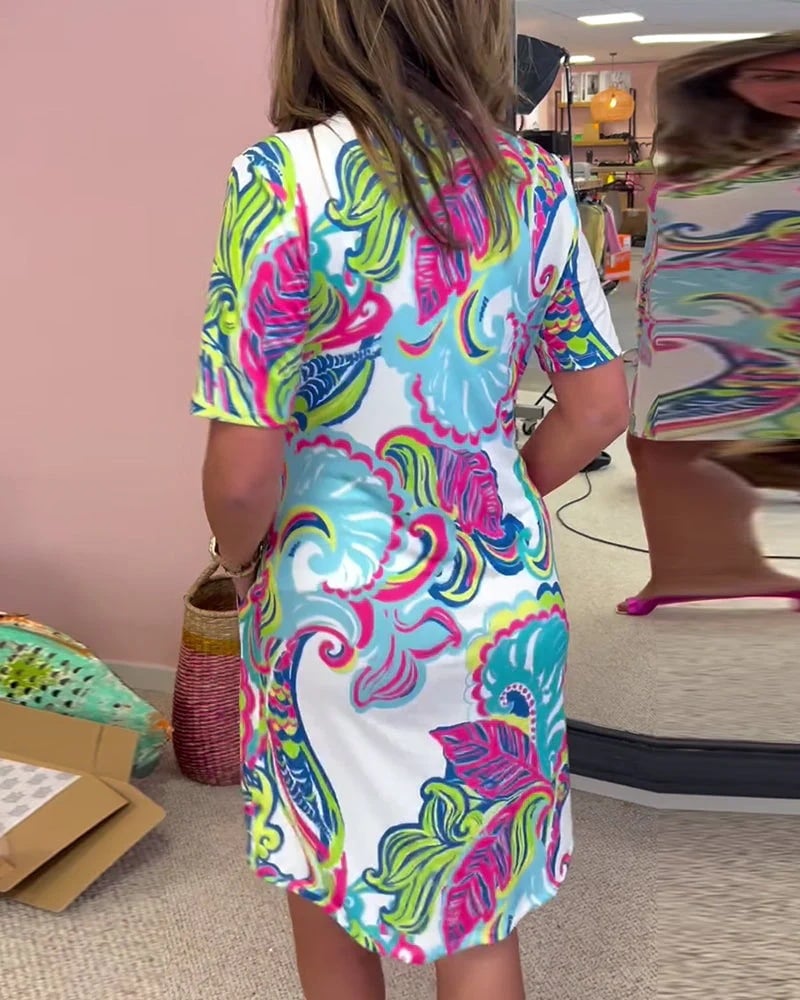 Loose V-Neck Short-Sleeved Vibrant Printed Midi Dress