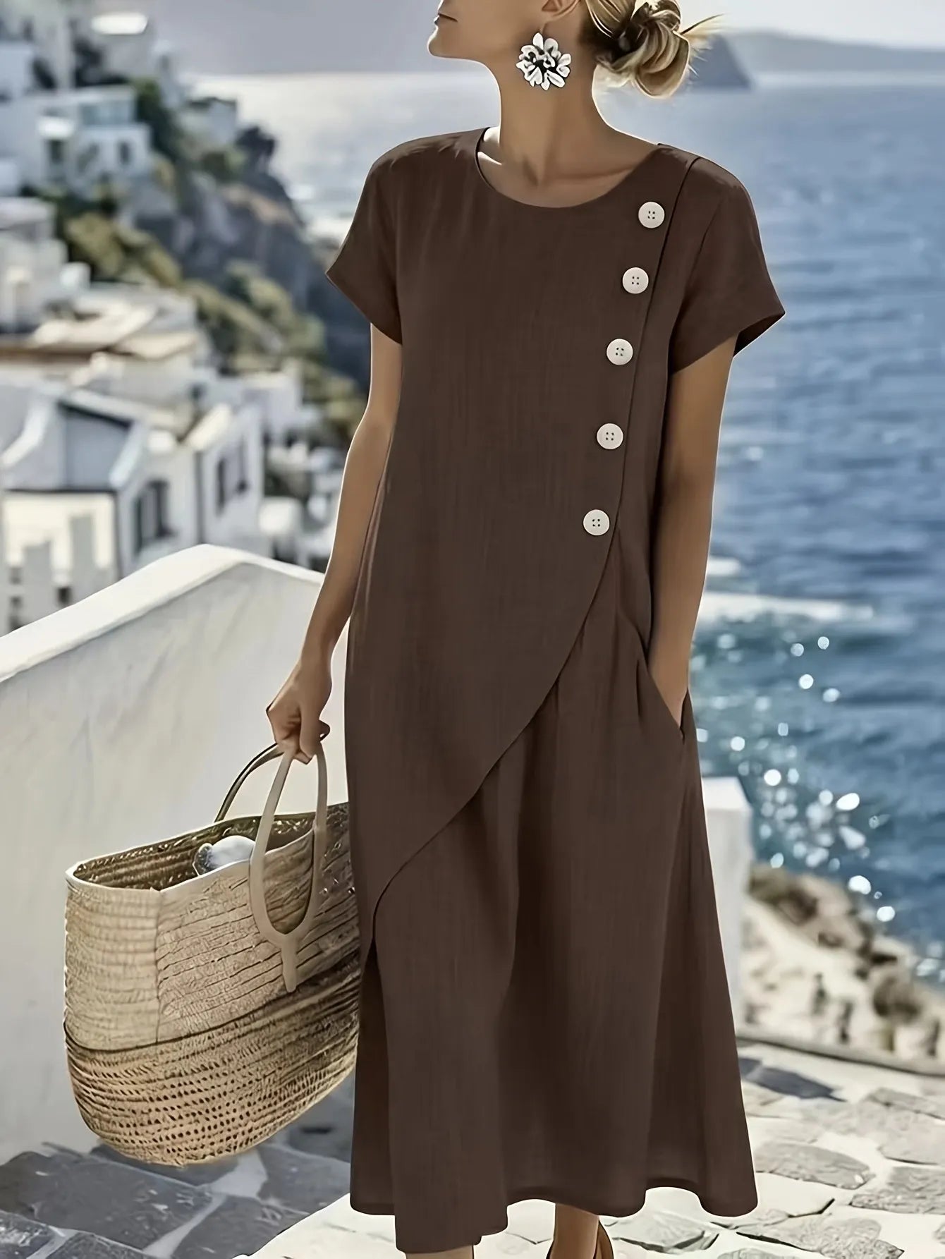 Round Neck Linen Midi Dress with Asymmetrical Buttons