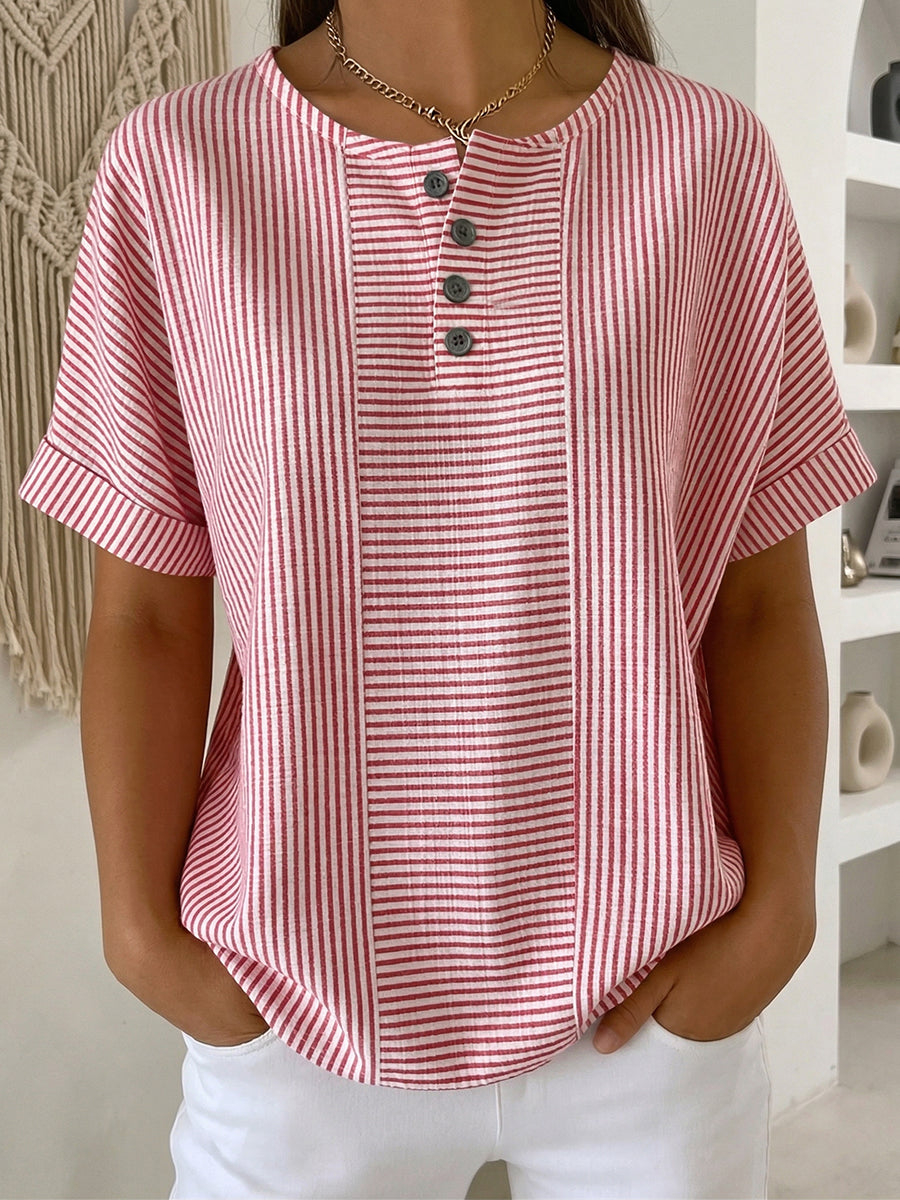 Women's Casual Solid-Color Striped Cotton-Linen Pullover with Buttons