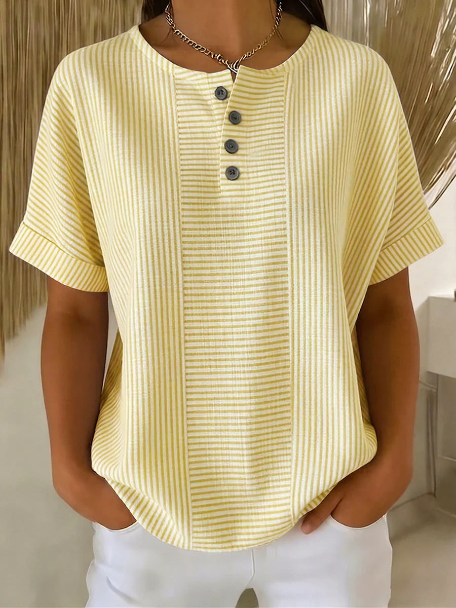 Women's Casual Solid-Color Striped Cotton-Linen Pullover with Buttons