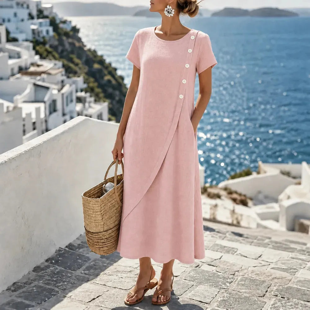 Round Neck Linen Midi Dress with Asymmetrical Buttons