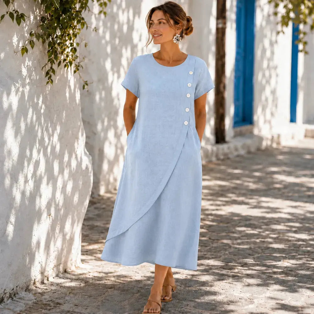 Round Neck Linen Midi Dress with Asymmetrical Buttons
