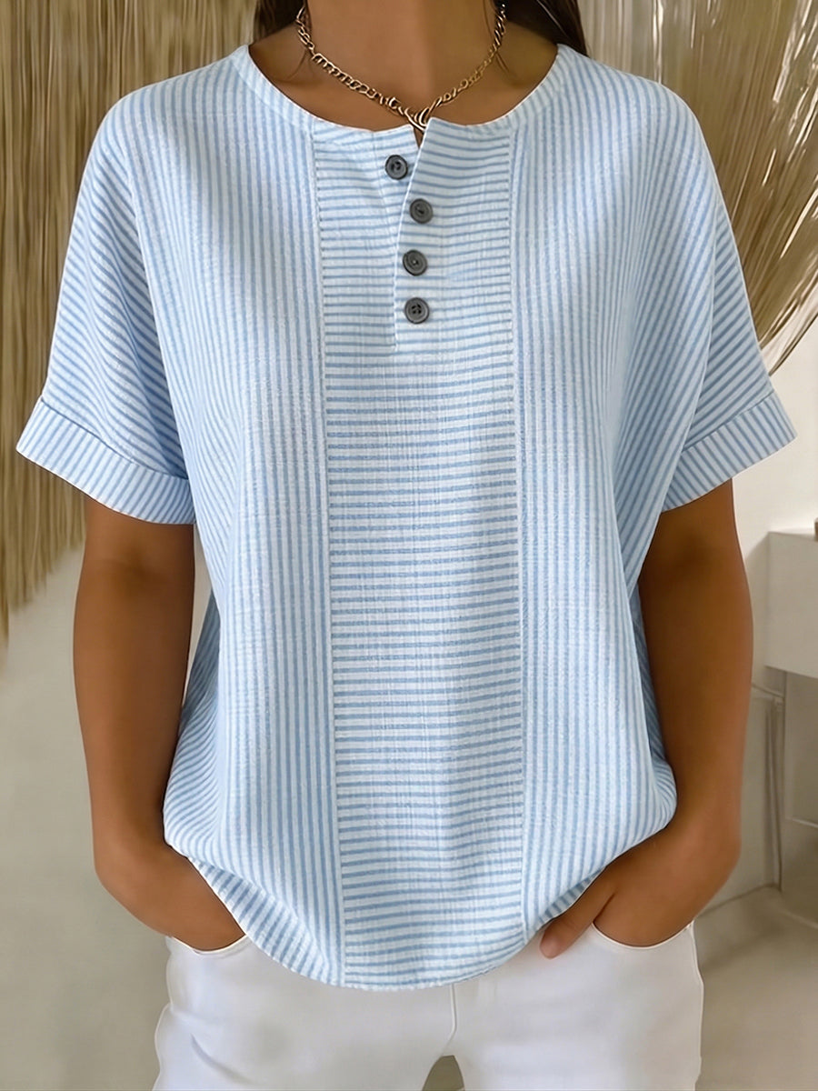 Women's Casual Solid-Color Striped Cotton-Linen Pullover with Buttons
