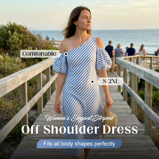 👗Women Striped Off Shoulder Dress – Elegant, Flowy, Summer Chic