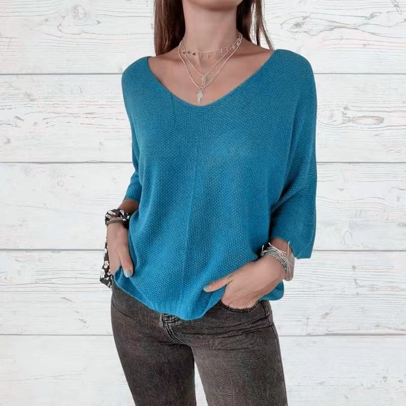 Batwing Sleeve Solid Color V-Neck Knit Top (Buy 2 Free Shipping)