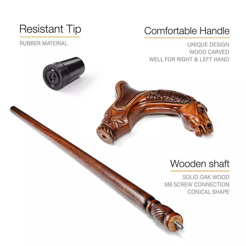 Designer Art Wooden Cane badass Walking Stick Horse with Saddle, Fancy decorative canes for ladies and men
