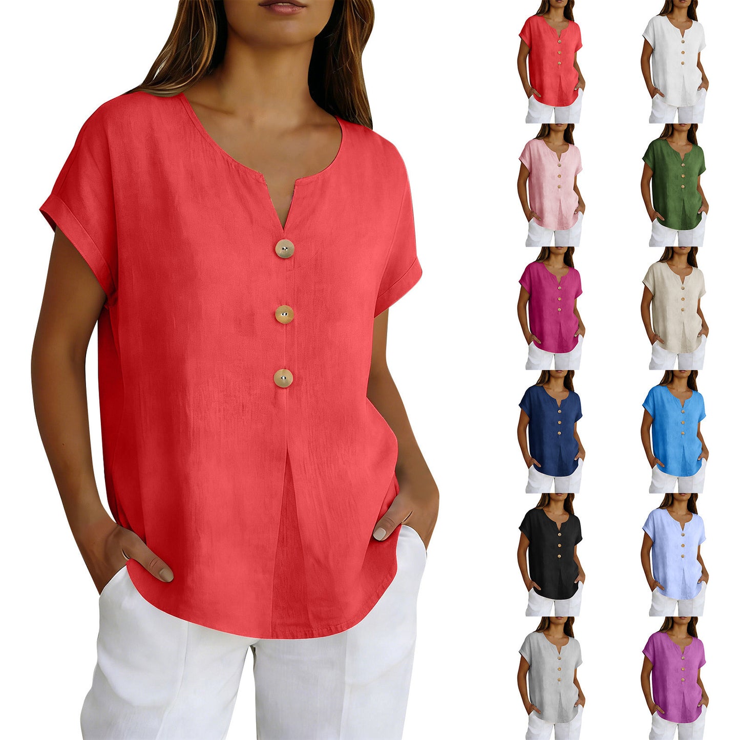 🌝Summer New Arrivals:Women's Loose V-Neck Shirt with Faux-Wood Buttons