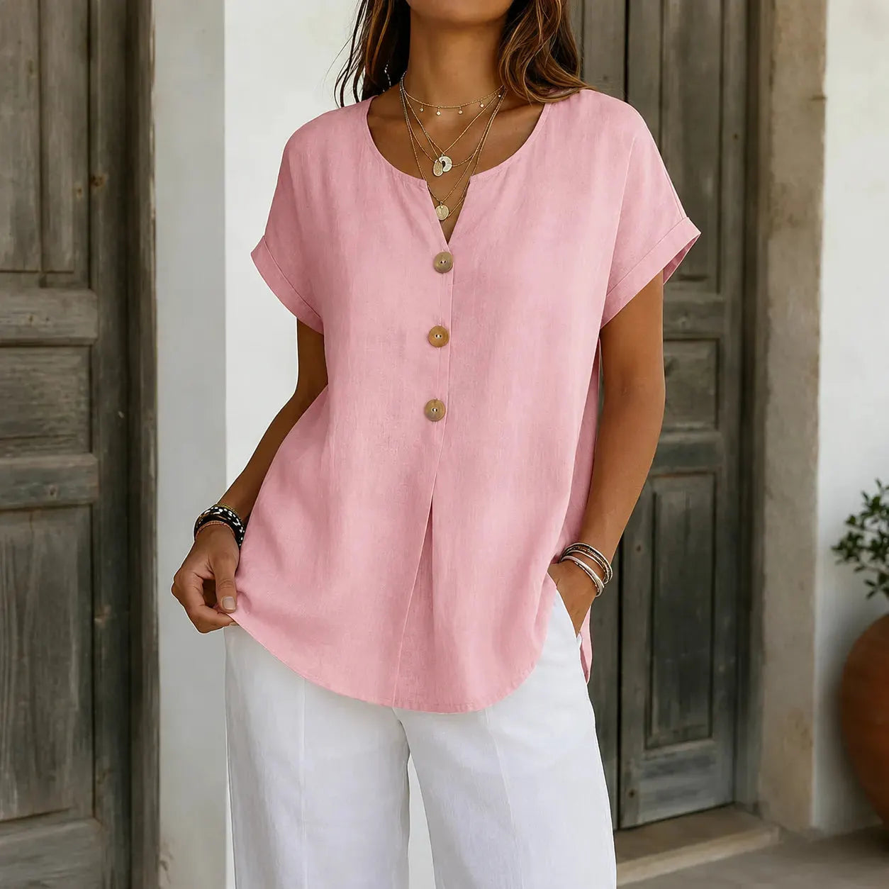 🌝Summer New Arrivals:Women's Loose V-Neck Shirt with Faux-Wood Buttons