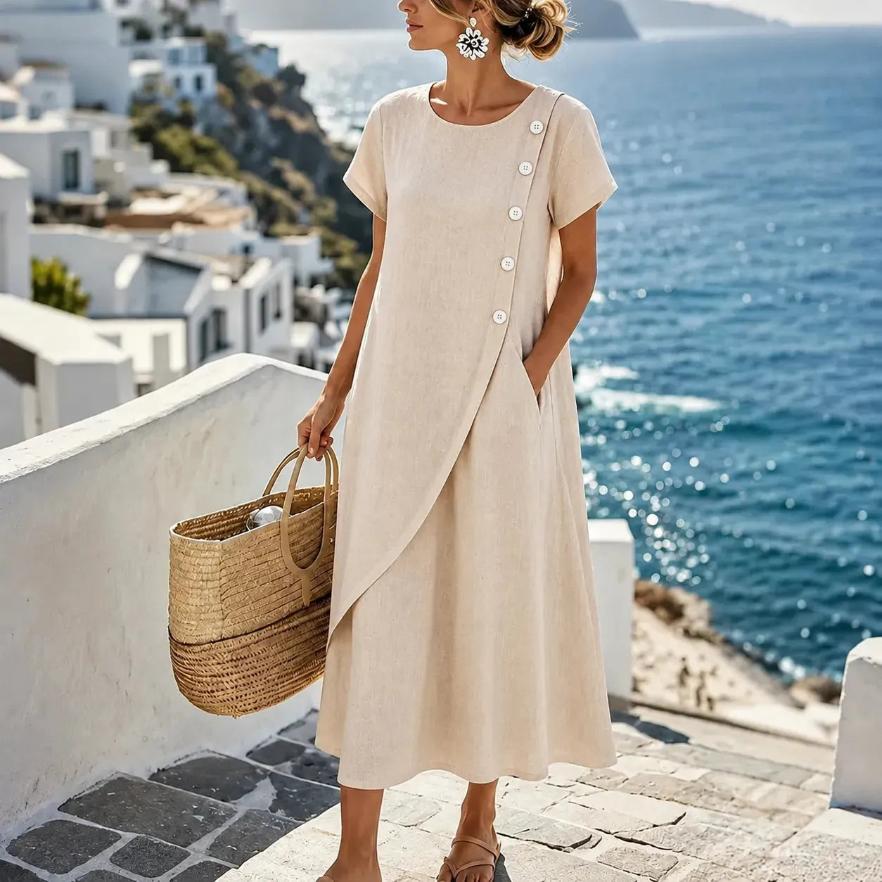 Round Neck Linen Midi Dress with Asymmetrical Buttons