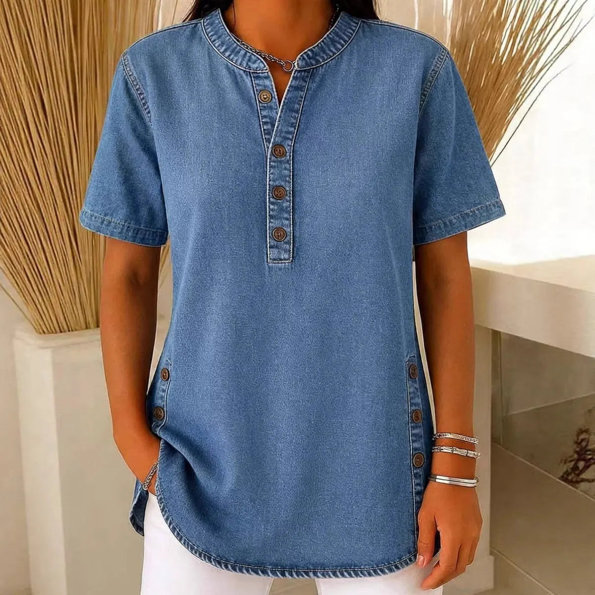 💃Hot sale 🌟Women's Long Denim Shirt – V-Neck Short-Sleeve Pullover