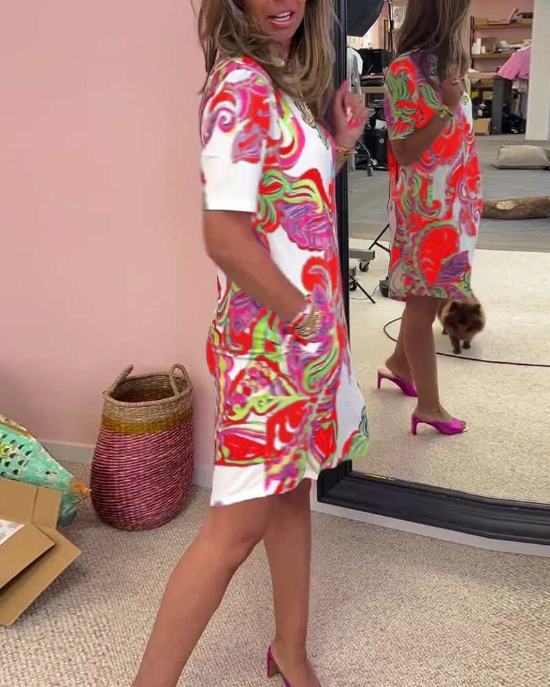 Loose V-Neck Short-Sleeved Vibrant Printed Midi Dress