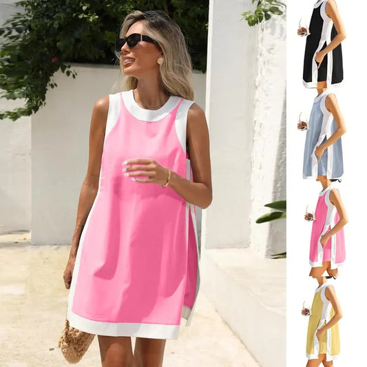 Women's Casual Color Block Two Piece Set Crewneck Sleeveless Top Shorts With Pockets