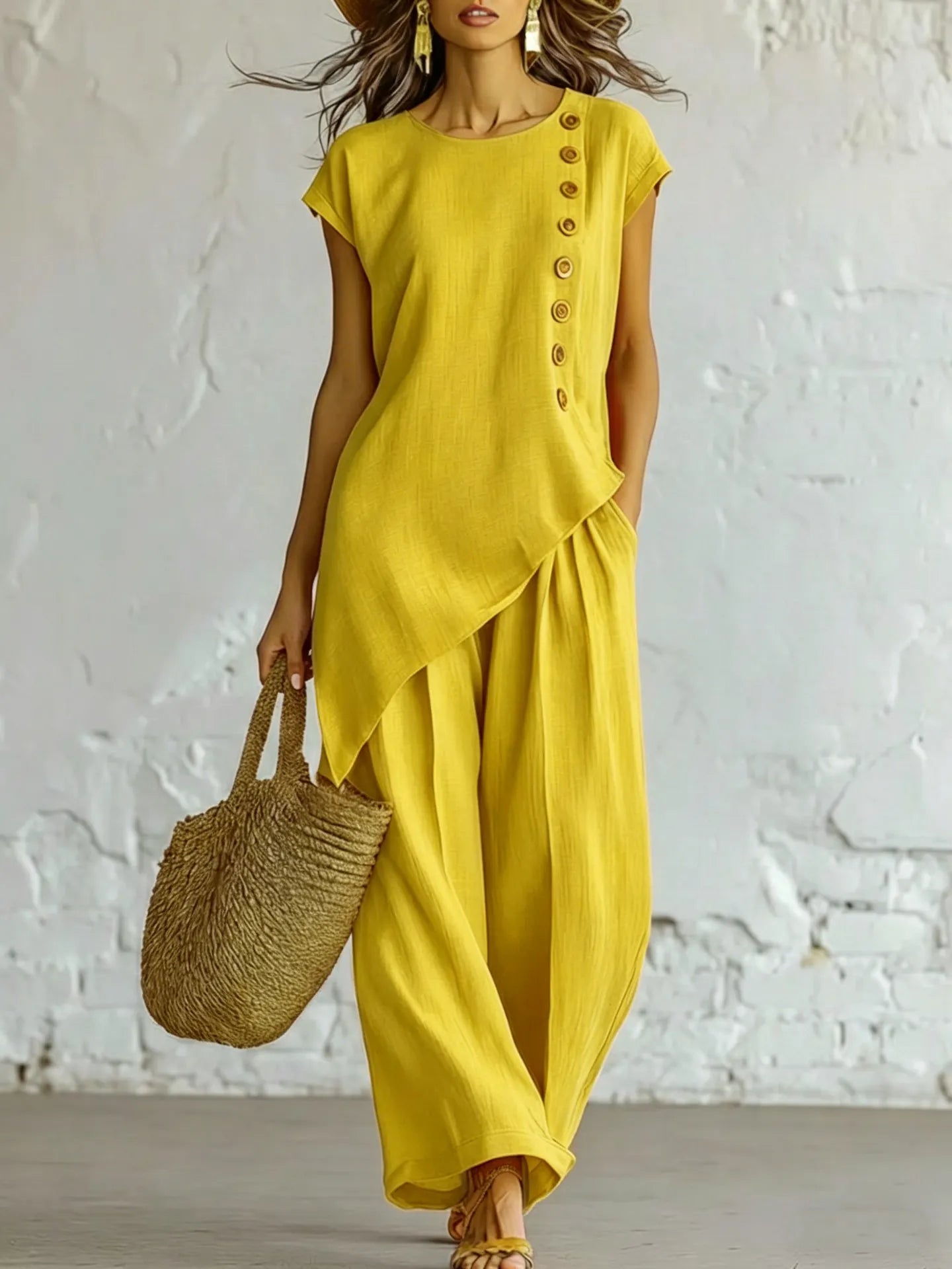 A round-neck, asymmetrical short-sleeved top and wide-leg trousers set with wooden buttons