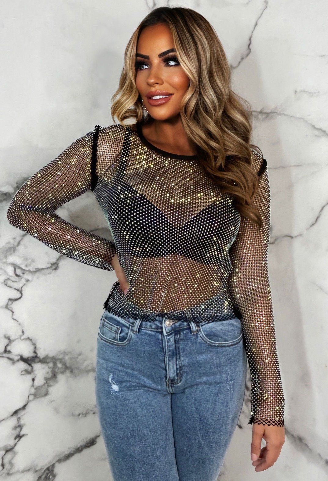 Flawless Diamond Black Diamante Long Sleeve Top