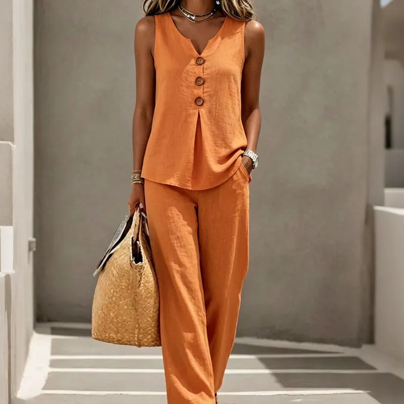 🏆 Best-Seller- Women's 2-Piece Set: V-Neck Button-Front Sleeveless Top & Trousers