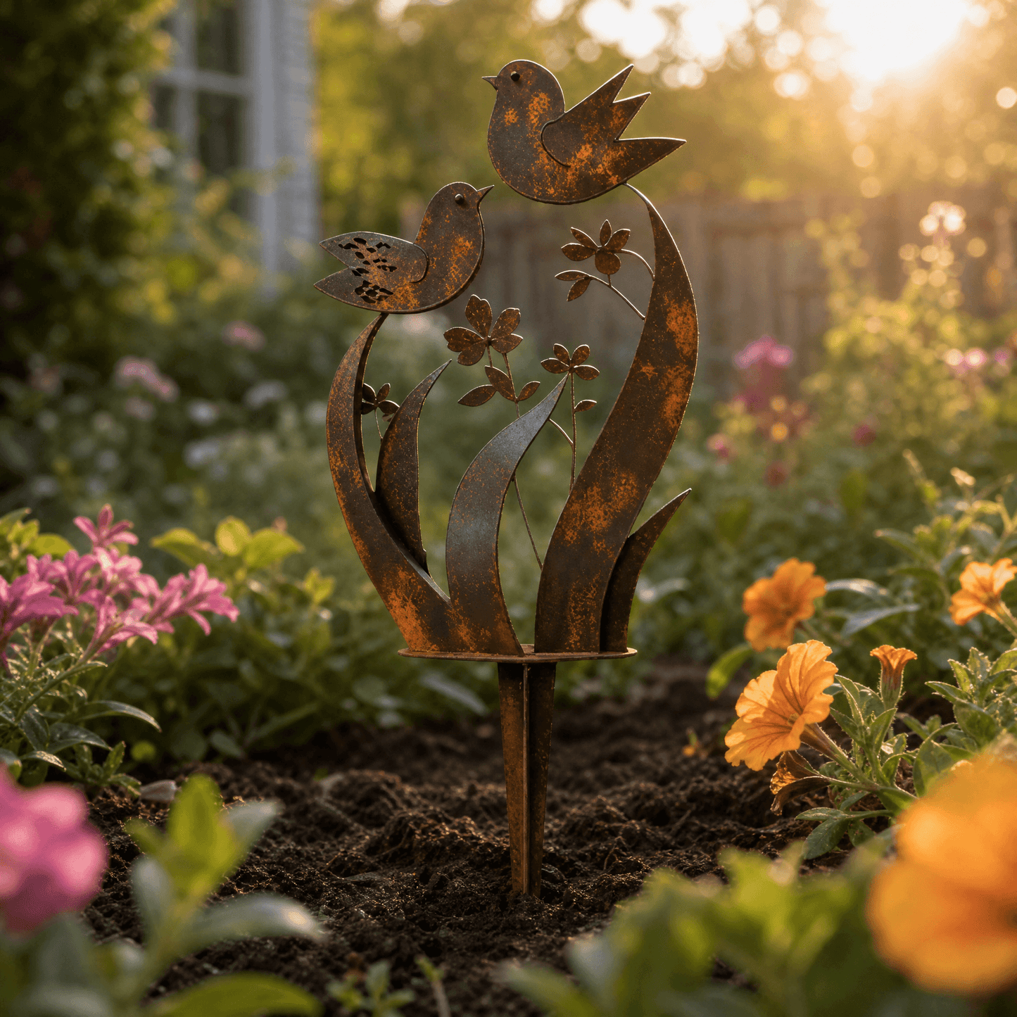 🕊️Lark & Iron Rustic Metal Bird & Wildflower Garden Stake