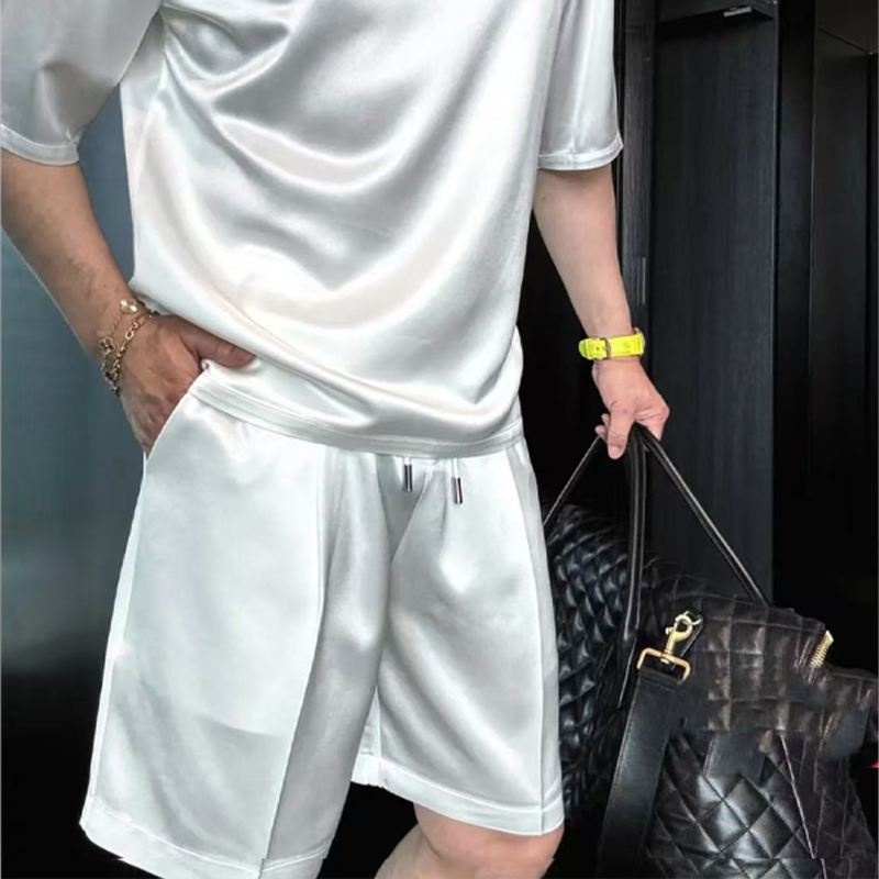 High Quality Men's Mercerized Cotton Casual Solid Color Top and Shorts Two-Piece Set