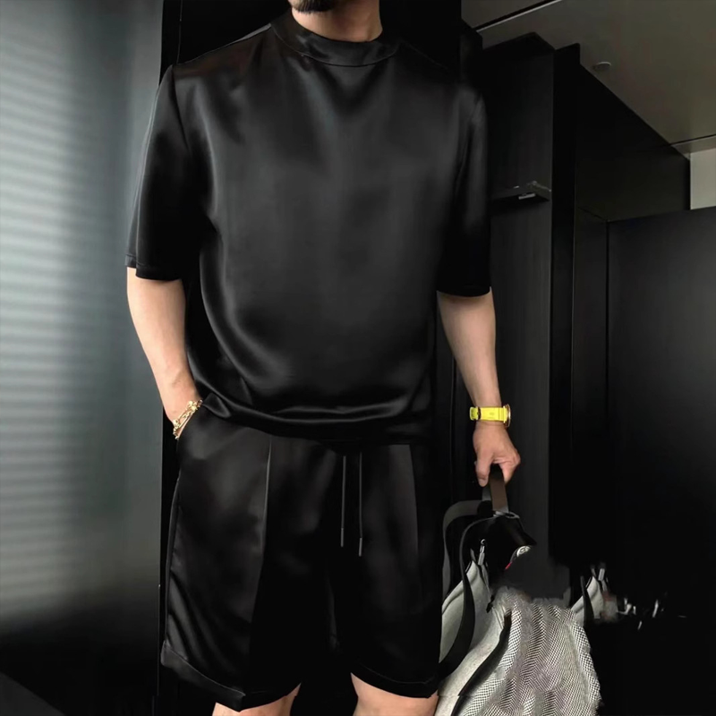 High Quality Men's Mercerized Cotton Casual Solid Color Top and Shorts Two-Piece Set