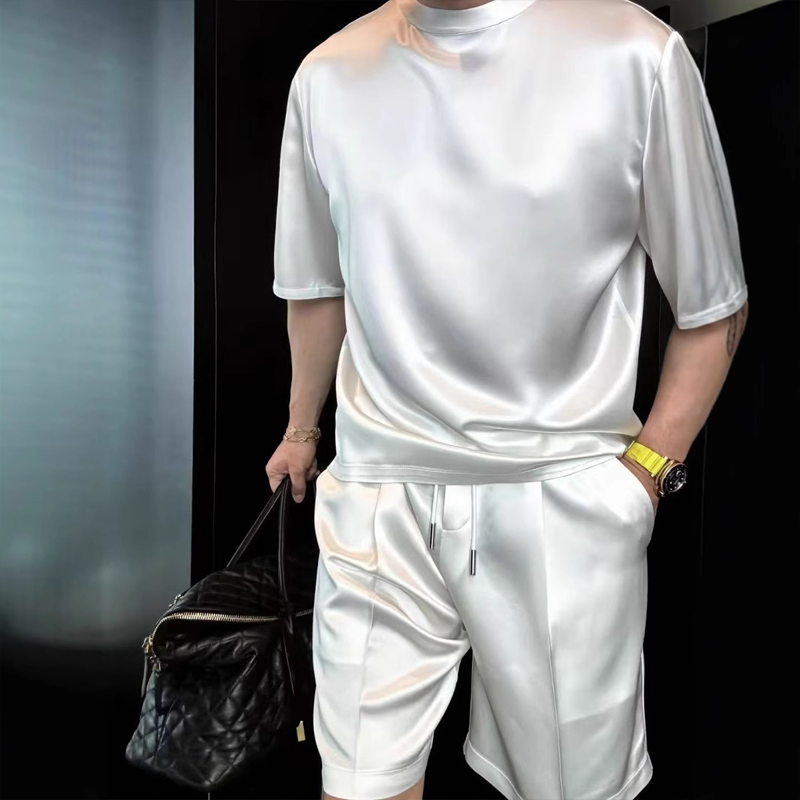 High Quality Men's Mercerized Cotton Casual Solid Color Top and Shorts Two-Piece Set